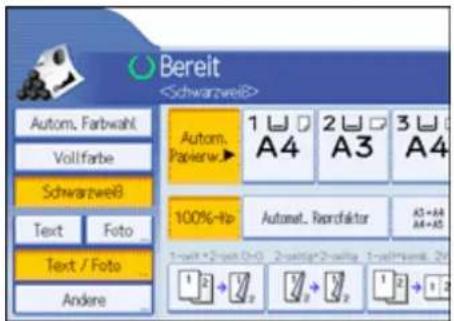 Bereit Autom. Farbwahl Vollfarbe Schwarzwei8 Text Foto Andere Autom. Papierw 1 A4 2 A3 3 A4 100%-Hp Automet. Reordaktor A5+A4 A4+A5 1-wit+2-wit+0-0 2-wit+2-wit+1-wit+2-wit 1 2 3 4 5 6 7 8 9 10 11 12