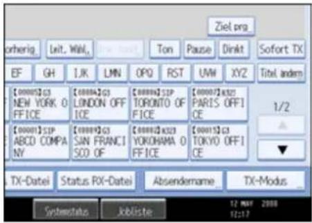 Ziel prg otherig Leit. Wall, Ton Pause Dinkt Sofort TX EF GH IJK LMN OPQ RST UW XYZ Titel andem [0000]CNEW YORK 0 OFFICE [0000]C LONDON OFF ICE [0000]CP TORONTO OF FICE [0000]C21 PARIS OFF ICE 1/2 [0000]CP ABCD COMPANY [0000]C SAN FRANCISO OF [0000]C23 YOKONAMA OF FICE [0001]C TOKYO OFF ICE ▼ TX-Datei Status RX-Datei Absendername TX-Modus _ Systematic Jobliste 12 MAY 2008 12:17