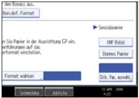den Bypass aus. Beruf. Format ► Spezialpapier In Sie Papier in der Ausrichtung €2 ein. enführungen auf das erformat einstellen. Format wählen OPP (Folie) Dunnes Papier Dick: Pap, auswahl. Systematics kibliste 15 APR 2008 9:23