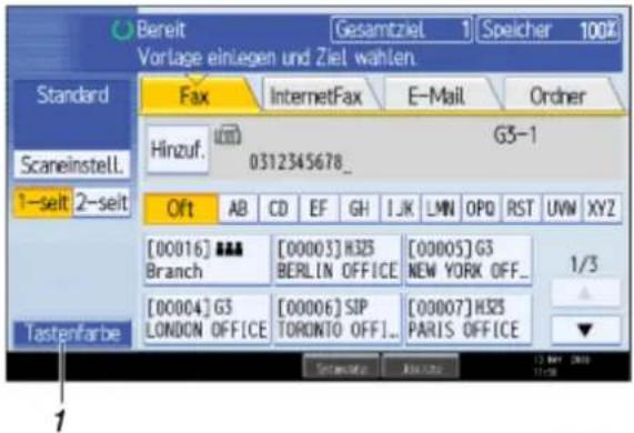 Bereit Gesamtziel 1 Speicher 100% Vortage einiegen und Ziel wählen. Standard Fax InternetFax E-Mail Ordner Hinzuf. G3-1 0312345678_ Oft AB CD EF GH IJK LMN OPQ RST UVW XYZ [00016] *** Branch [00003] H325 BERLIN OFFCE [00005] G3 NEW YORK OFF_ 1/3 [00004] G3 LONDON OFFICE [00006] SIP TORONTO OFFI... [00007] H325 PARIS OFFICE ▼ Tastenfarbe
