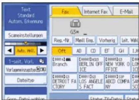Text Standard Autom. Erkennung Scaneinstellungen Auto, Hall... 1-sert, Vorl. Vorlagewirzugsbe Dateityp Fax Internet Fax E-Mail G5# Reg.-Nr. Manl. Eing. Vorherig. Leit. Wahl Oft AB CD EF GH I.R. [0001]2 888 Branch [0000]2 x33 BERLIN OFF ICE [0000]2 63 NEW YORK O FICE [0000]2 63 DETROIT FA CTORY [0001]2 63 LOS ANGELE S.FACT [0000]2 SIP ABCD COMPA NY [0000]2 63 SAN SOCI Status: File Date: Status