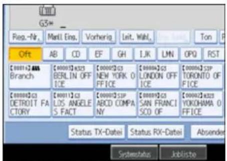 [0001+2384 Branch] [00005] 8323 BERLIN OFF ICE] [00005] 63 NEW YORK O FICE] [00004] 63 LONDON OFF ICE] [00004] 53P TORONTO OF FICE] [00004] 63 DETROIT FA CTORY] [00011] 63 LOS ANGELE S FACT] [00007] 53P ABCD COMPA NY] [00009] 63 SAN FRANCI SCO OF] [00002] 8323 YOKOHAMA O FICE] Status TX-Datei Status RX-Datei Absender Systemstatus Jobliste