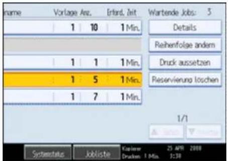 Vorlage Anz. Erfand. Zeit Wartende Jobs: 3 Details Reihenfolge anders Druck aussetzen Pieservierung loschen 1/1 Systemstatus Jobliste Karlierer 25 APR 2008 Druckes 1 Min. 9:38