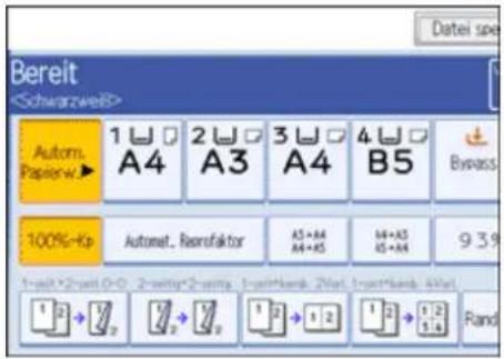Bereit Autom. Paperw.▶ 1 A4 2 A3 3 A4 4 B5 100%+Kp Automat. Reerofaktor AS+AS AS+AS 9.3% 1x10*2-wt 0-0 2-wt*2-wt 1-wt*bank 2-wt 1-wt*bank 3-wt 1 2 1 2 1 2 1 2 Rand