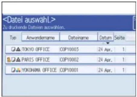 Zu druckende Dateien auswählen. Typ Anwenderrame工程项目 Name Datum Seite TOKYO OFFICE COPY0003 24 Apr. 1 PARIS OFFICE COPY0002 24 Apr. 1 YOKOHIMA OFFICE COPY0001 24 Apr. 1