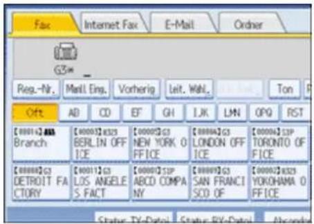 Fax Internet Fax E-Mail Order G3* Reg.-Nr. Mail.Eng. Vorherig Leit.WHL. Ton Off AD CD EF GH IJK LMN OPQ RST [00014]2.ABA Branch [00003]8325 BERLIN OFF ICE [00005]G3 NEW YORK 0 FFICE [00006]G3 LONDON OFF ICE [00006]SIP TORONTO OF FICE [00008]G3 DETROIT FA CTORY [00011]G3 LOS ANGELE S.FACT [00007]SIP ABCD COMPA NY [00009]G3 SAN FRANCI SCD.OF [00002]8325 YOKOHAMA 0 FFICE