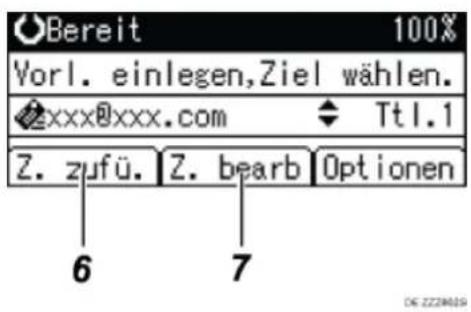 Bereit 100% Vorl. einlegen,Ziel wählen. xxxx@xxx.com Ttl.1 Z. zufü. Z. bearb Optionen 6 7