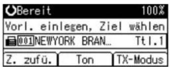 Bereit 100% Vorl. einlegen, Ziel wählen 001NEWYORK BRAN... Tt1.1 Z. zufü. Ton TX-Modus