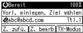 O-Bereit 100% Vorl. einlegen, Ziel wählen abc@abcd.com Tt1.1 Z. zufü. Z. bearb TX-Modus