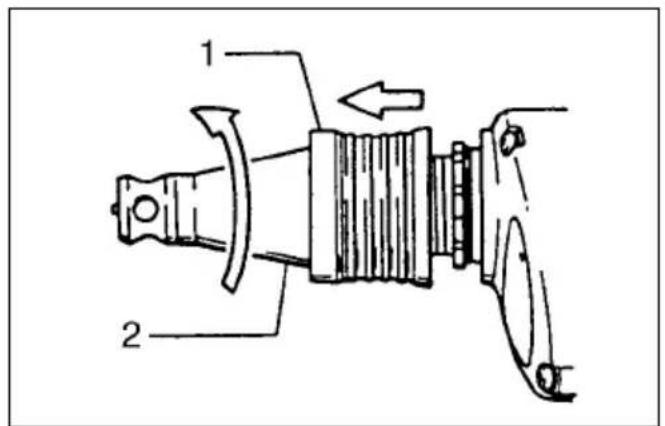 Technical diagram of a mechanical device with labeled parts and directional arrow indicating motion or force