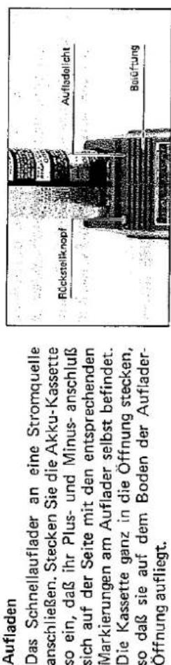 Aufladen Das Schnellauflader an eine Stromquelle anschließen. Stecken Sie die Akku-Kassette so ein, daß ihr Plus- und Minus-anschluß sich auf der Seite mit den entsprechenden Markierungen am Auflader selbst befindet. Die Kassette ganz in die Öffnung stecken, so daß sie auf dem Boden der Auflader-Öffnung aufliegt.