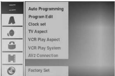 Auto Programming Program Edit Clock set TV Aspect VCR Play Aspect VCR Play System AV2 Connection Factory Set