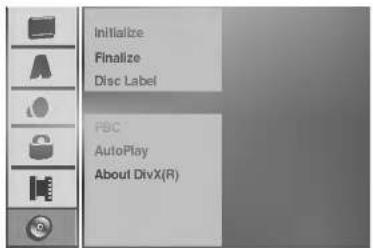 Initialize Finalize Disc Label FBC AutoPlay About DivX(R)