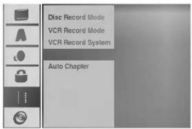 Disc Record Mode VCR Record Mode VCR Record System Auto Chapter