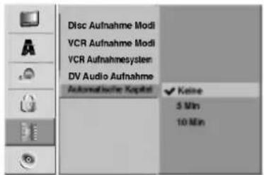 Disc Aufnahme Modi VCR Aufnahme Modi VCR Aufnahmesystem DV Audio Aufnahme Automatiche Kapital Keine 5 Min 10 Min