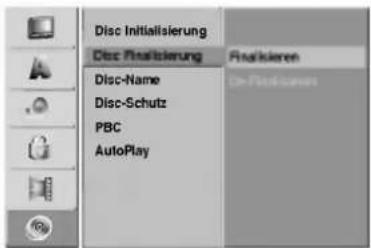 Disc Initialisierung Disc Initialisierung Disc-Name Disc-Schutz PBC AutoPlay Frisikieren De-Frisikieren