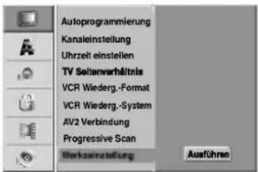 Autoprogrammierung Kanaleinstellung Uhrzeit einstellen TV Seitenverhältnis VCR Wiederg.-Format VCR Wiederg.-System AV2 Verbindung Progressive Scan Markserstellung Ausführen