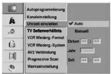 Autoprogrammierung Kanaleinstellung Uhrzeit einsstellen TV Sellenverhältnis VCR Wiederg.-Format VCR Wiederg.-System AV2 Verbindung Progressive Scan Werkseinstellung Auto Manuell Datum : / : / Jahr : : : / Zeit : : : /