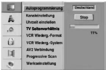 Autoprogrammierung Kanaleinstellung Uhrzeit einstellen TV Seltanverhältnis VCR Wiederg.-Format VCR Wiederg.-System AV2 Verbindung Progressive Scan Werkseinstellung Deutschland Stop 11%