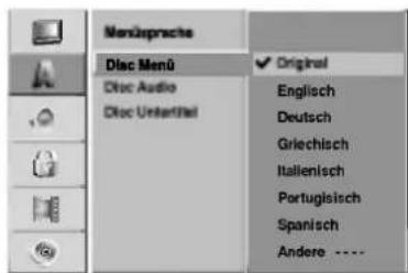 Menüsprache Disc Menu Disc Audio Disc Unterteil Original Englisch Deutsch Griechisch Italienisch Portuglisch Spanisch Andere ----