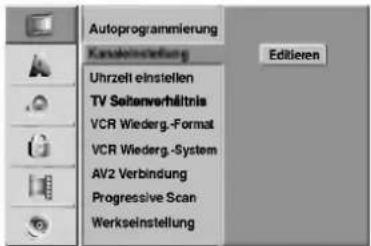 Autoprogrammlierung Kanakreinstellung Uhrzeit einstellen TV Sellenverhältnis VCR Wiederg.-Format VCR Wiederg.-System AV2 Verbindung Progressive Scan Werkseinstellung Editieren