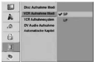 Disc Aufnahme Modi VCR Aufnahme Modi VCR Aufnahmesystem DV Audio Aufnahme Automatische Kapitel ✓ SP LP