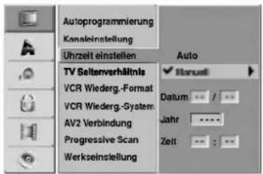 Autoprogrammierung Kanaleinstellung Uhrzeit einstellen TV Sellenverhältnis VCR Wiederg.-Format VCR Wiederg.-System AV2 Verbindung Progressive Scan Werkseinstellung Auto Manual Datum Jahr Zeit