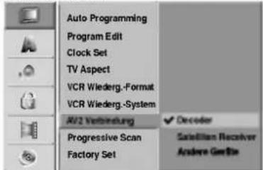 Auto Programming Program Edit Clock Set TV Aspect VCR Wiederg.-Format VCR Wiederg.-System AV2 Verbindung Progressive Scan Factory Set Decoder Satellite Receiver Andere Größe