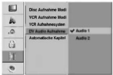 Disc Aufnahme Modi VCR Aufnahme Modi VCR Aufnahmesystem D# Audio Aufnahme Automatische Kapitel Audio 1 Audio 2