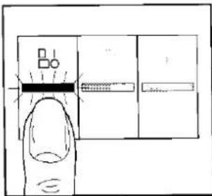 Diagram showing a finger pressing a button on a door panel, with a magnified view of the button being held.