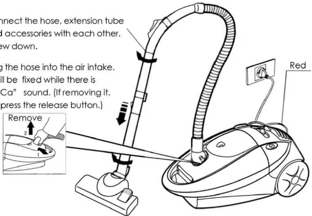 connect the hose, extension tube and accessories with each other, ew down. g the hose into the air intake. ll be fixed while there is "Ca" sound. (If removing it, press the release button.) Remove 2 1 Red