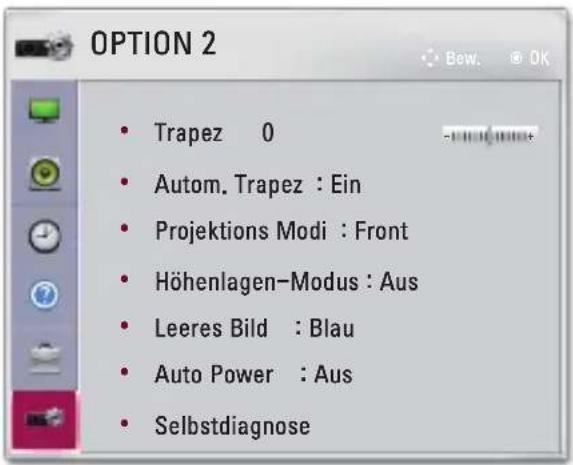 OPTION 2 • Trapez 0 • Autom. Trapez : Ein • Projektions Modi : Front • Höhenlagen-Modus : Aus • Leeres Bild : Blau • Auto Power : Aus • Selbstdiagnose