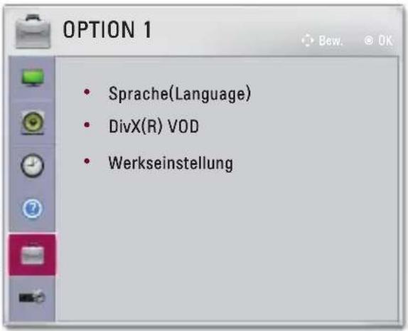 OPTION 1 • Sprache(Language) • DivX(R) VOD • Werkseinstellung