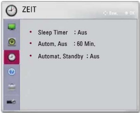ZEIT • Sleep Timer : Aus • Autom. Aus : 60 Min. • Automat. Standby : Aus
