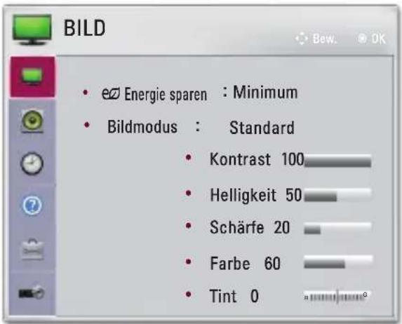 BILD • Energie sparen : Minimum • Bildmodus : Standard • Kontrast 100 • Helligkeit 50 • Schärfe 20 • Farbe 60 • Tint 0