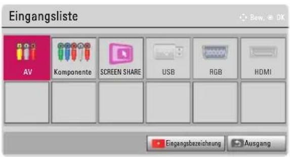 Eingangsliste BV Komponente SCREEN SHARE USB RGB HDMI Eingangsbezeichnung Ausgang