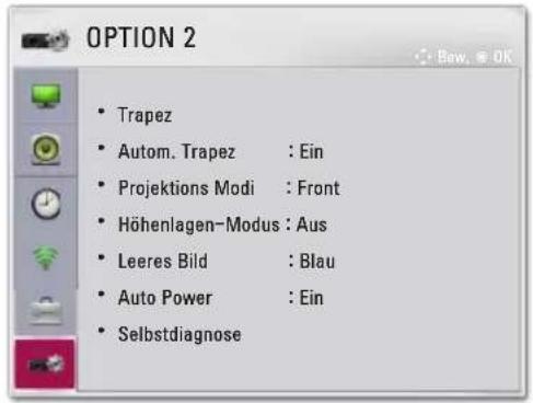 OPTION 2 • Trapez • Autom. Trapez : Ein • Projektions Modi : Front • Höhenlagen-Modus : Aus • Leeres Bild : Blau • Auto Power : Ein • Selbstdiagnose