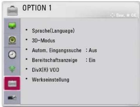 OPTION 1 • Sprache(Language) • 3D-Modus • Autom. Eingangssuche : Aus • Bereitschaftsanzeige : Ein • DivX(R) VOD • Werkseinstellung