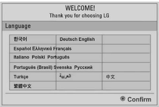 WELCOME! Thank you for choosing LG Language 한국어 Deutsch English Español Ελληνικά Français Italiano Polski Português Português (Brasil) Svenska Русский Turkçe العربية 中文 繁體中文 Confirm