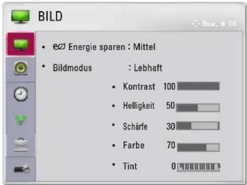 BILD • eØ Energie sparen : Mittel • Bildmodus : Lebhaft • Kontrast 100 • Helligkeit 50 • Schärfe 30 • Farbe 70 • Tint 0