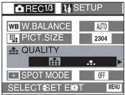 REC1/3 SETUP WB W.BALANCE AUTO PICT.SIZE 2304 QUALITY + SPOT MODE OFF SELECT SET EXIT MENU
