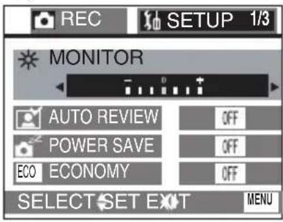 REC SETUP 1/3 MONITOR AUTO REVIEW POWER SAVE ECO ECONOMY SELECT SET EXT OFF OFF OFF MENU