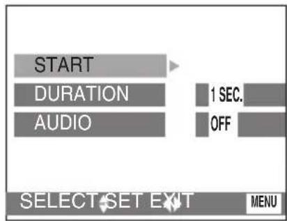 START DURATION AUDIO 1 SEC. OFF SELECT SET EXIT MENU