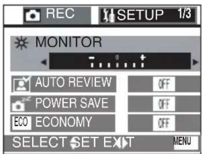 REC SETUP 1/3 MONITOR AUTO REVIEW POWER SAVE ECO ECONOMY SELECT SET EXIT OFF OFF OFF MENU