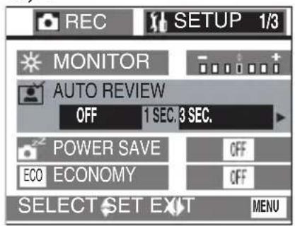 REC SETUP 1/3 MONITOR AUTO REVIEW OFF 1 SEC. 3 SEC. POWER SAVE ECONOMY OFF OFF SELECT SET EXIT MENU