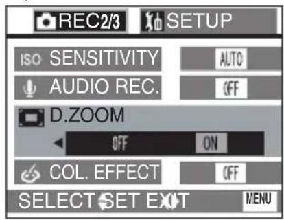 REC2/3 SETUP ISO SENSITIVITY AUTO AUDIO REC. OFF D.ZOOM OFF ON COL. EFFECT OFF SELECT SET EXIT MENU