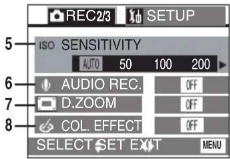 REC2/3 SETUP ISO SENSITIVITY AUTO 50 100 200 AUDIO REC. D.ZOOM OFF COL. EFFECT OFF SELECT SET EXIT MENU