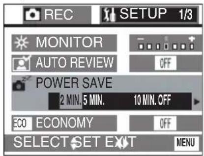 REC SETUP 1/3 MONITOR AUTO REVIEW OFF POWER SAVE 2 MIN. 5 MIN. 10 MIN. OFF ECO ECONOMY OFF SELECT SET EXIT MENU