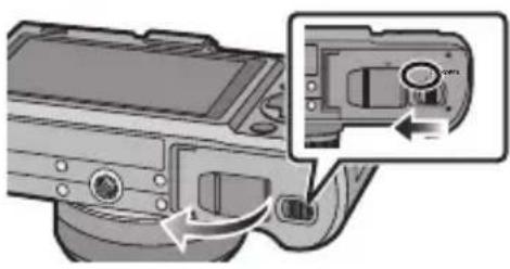 PANASONIC Lumix DMC-GF2W - Schieben Sie den Freigabehebel in Pfeilrichtung und öffnen Sie die Karten-/Akkufach-Abdeckung. - 1