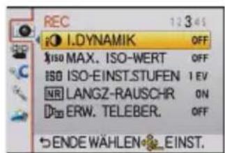 REC 12345 I.DYNAMIK OFF ISO MAX. ISO-WERT OFF ISO ISO-EINST.STUFEN 1 EV NR LANGZ-RAUSCHR ON D0 ERW. TELEBER. OFF 5 ENDE WÄHLEN EINST.